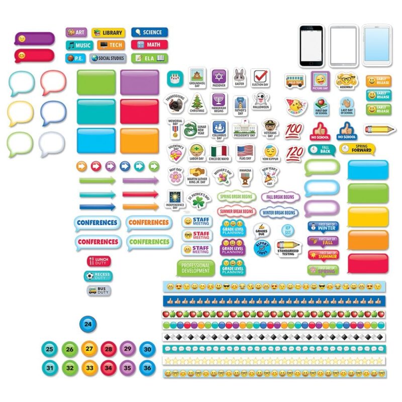 Creative teaching press make teacher lesson planning fun!   these emoji fun lesson planner stickers bring a bit of digital-inspired happiness to teacher lesson planning.   teachers will love these colorful planner stickers that were developed specifically for teacher lesson plan and record books.   this sticker pack includes over 850 stickers to help you get creative, express yourself, and be happy when you are planning! Includes an assortment of planner stickers ideal for marking the events in a teacher's busy school year:
duty (lunch duty, recess duty, bus duty)
standardized testing
report cards and grades due
grade level planning
staff meeting
conferences and professional development
iep/sst
school subjects (language arts, computer lab, social studies, science, p. E. , math, music, library, art)
school breaks (winter, spring, summer, fall)
holidays and no school days
special events—class party, assembly, field trip
birthdays
early release
organizational labels, numbers 1-36 (for student numbers), borders, arrows
and more! 850 stickerscoordinates with emoji fun products.