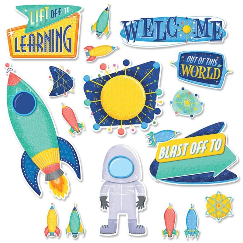 Creative teaching press bring a space theme to your classroom with an out of this world bulletin board set!   this mid-century mod lift off to learning bulletin board is a stellar way to decorate your walls, feature outstanding work, and add style to any back-to-school display.   this set is perfect for welcoming students to a new school year!   it is also great for use at summer camps or vacation bible school.  this 46-piece space bulletin board set includes:
1 welcome sign (20. 25" x 6")
1 large rocket (10. 5" x 26. 25)
1 large astronaut (8. 5" x 16. 5")
3 motivational signs: "lift off to learning" (11. 5" x 8. 25"), "blast off to ____" (16" x 11"), "out of this world" (11. 25" x 6. 5")
1 starburst blank sign (12. 5" x 12. 25")
36 student rockets (3. 25" x 6. 5")
3 accent starburst pieces (5. 5" x 5. 5")
additional student rockets (ctp 8224 rockets 6"designer cut-outs) sold separately. Teaching tip: share the "lift off to learning" piece as a writing prompt and have students write about their learning goals for the year on the enclosed reproducible. Then display the student work on a bulletin board.   discuss with students the benefit for them to set learning goals for themselves throughout the year.   explain that setting goals will help launch them toward a successful school year.  coordinates with mid-century mod products.