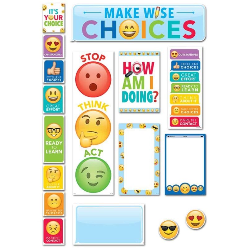 Creative teaching press this emoji fun behavior clip chart mini bulletin board is a versatile whole-class behavior management tool that features easily identifiable emoji faces and icons. This chart will help students keep track of their behavior throughout the day and develop personal accountability for their choices. This colorful and unique 22-piece set contains 9 pre-printed behavior clip chart pieces, 1 customizable blank behavior clip chart piece, 2 blank labels, 6 desktop behavior clip charts, a "make wise choices" header sign, a "stop, think, act" sign, and 2 emoji face accents. Behavior chart includes a different color to indicate each level of behavior management: outstanding (purple), excellent choices (blue), great effort (turquoise), ready to learn (green), think about it (yellow), make better choices (orange), and parent contact (red). The additional individual behavior card pieces allow you to choose as many or as few levels as you'd like. The emoji faces make this chart perfect for non-readers and non-english speaking students (esl/ell). Assembled chart measures 6" x 63". Social media lovers will luv the emoji fun collection! Sweet and silly emoji faces will bring a bit of digital-inspired fun to any classroom, , daycare, or school setting! Additional desktop behavior clip charts (ctp 0699) are also sold separately. Tip: this set is flexible to your classroom management style! Based on the needs of your class, you may wish to limit the number of choices you display or you may use the additional blank behavior chart pieces to create additional/different behavior categories. This mini bulletin board set also includes an instructional guide with display ideas and classroom lesson activities.