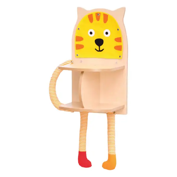 Colorful wooden animal-themed kids' bookshelf with lion face design and playful striped legs.