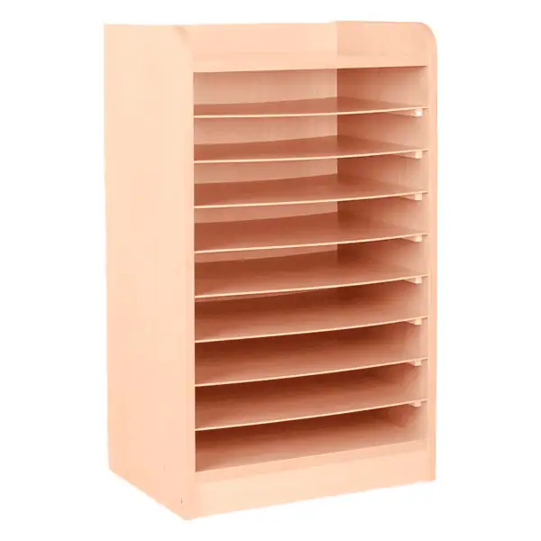 Wooden school and office multipurpose storage shelf with multiple adjustable shelves.