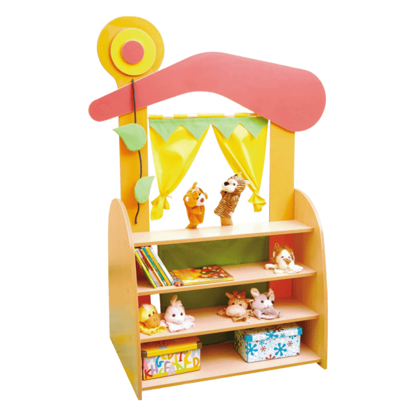Colorful puppet theater bookshelf with plush toys and children's books, ideal for early education and playrooms.