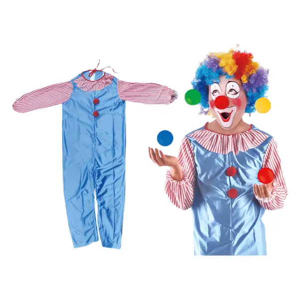 Colorful clown costume for kids, complete with a wig and juggling balls for entertainment and party events.