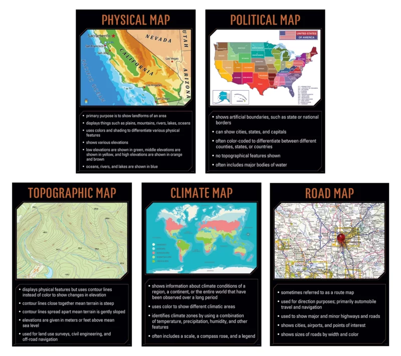 Creative teaching press <p>engage and inspire students with this maps 5-poster set. The 5 posters in this set cover core content:</p><ul><li>physical map</li><li>political map</li><li>topographic map</li><li>climate map</li><li>road map</li></ul><p>the posters feature vivid, engaging images alongside easy-to-read text to capture students' attention, reinforce instruction, and foster learning. They help bring content to life and create a stimulating, standards-based classroom environment. </p><p>hang these bright, insightful charts to inspire students to learn about maps and encourage them to apply their knowledge outside the classroom. Display on a bulletin board, on a doorway, in a hallway, in the library. </p><p>perfect for elementary school gate programs, plus middle school and high school classrooms. </p><ul><li>set contains 5 posters</li><li>each poster measures 17 1/2" x 24"</li></ul><p>poster set also includes an instructional guide with lesson ideas, classroom activities, and a reproducible. </p><p><strong>teacher tip:</strong> laminate posters for durability. </p>