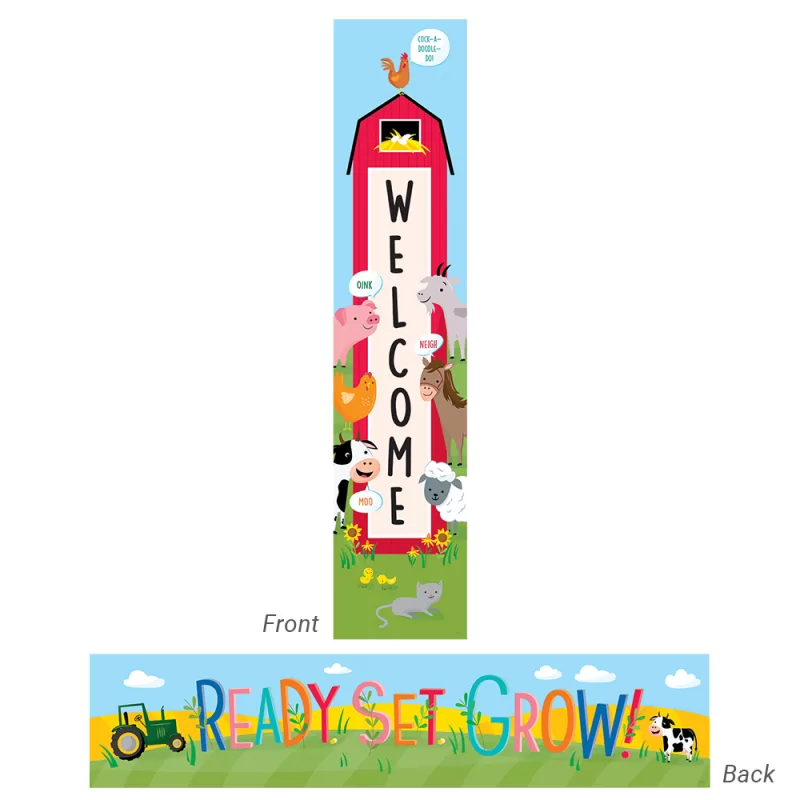 Creative teaching press create a friendly and fun environment with this farm friends welcome banner. This versatile 2-sided banner features a different message on each side—side 1: "welcome" and side 2: "ready. Set. Grow. "  it can be used during back-to-school to welcome students and parents then flipped over for a motivational message the rest of the school year. The fully assembled banner measures over 3 feet wide! <ul> <li>2-sided</li> <li>39" x 8"</li> </ul>