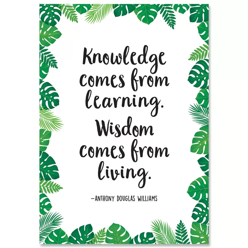 Creative teaching press <p>add character and inspiration to any space with the thoughtful words and uplifting art on this motivational poster.  </p> <p>poster features a border of green palm leaves and monstera leaves on a white background with the phrase:</p> <p>"knowledge comes from learning.   wisdom comes from living. "<br><i>- anthony douglas williams</i></p> <p>with their encouraging messages and bright colors, inspire u motivational posters can be used in a classroom, school, home, church, workplace, college dorm, senior living residence, or anywhere a little inspiration is needed.   </p> <p>poster measures 13⅜" x 19"</p>