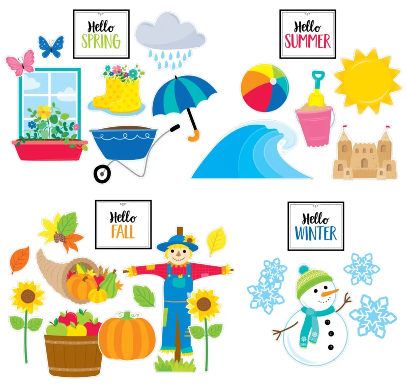 Creative teaching press <p>bring the seasons to life with this year-round seasonal accents bulletin board. This set includes pieces that represent decorations for fall, winter, spring, and summer, as well as holiday decorations for halloween, thanksgiving, and christmas. </p><p>the 30-piece set contains:</p><p>fall:</p><ul><li>-“hello fall” sign: 8. 5”w x 7. 5”h</li><li>-leaf bunch: 7. 5”w x 6. 75”h</li><li>-2 sunflowers: 5. 75”w x 12. 75”h</li><li>-pumpkin: 9”w x 7. 5”h</li><li>-scarecrow: 16. 75”w x 22”h</li><li>-bucket of apples: 9. 5”w x 10. 5”h</li><li>-cornucopia: 13. 75”w x 8”h</li><li>-fall leaf orange: 2. 75”w x 5. 25”h</li><li>-fall leaf yellow: 3”w x 5”h</li><li>-fall leaf green: 3”w x 4. 75”h</li></ul><p>winter:</p><ul><li>-“hello winter” sign: 8. 5”w x 7. 5”h</li><li>-snowman: 12”w x 15. 5”h</li><li>-single snowflake 1: 5. 5”w x 5”h</li><li>-single snowflake 2: 7. 25”w x 6. 75”h</li><li>-snowflake bunch: 6”w x 8. 5”h</li></ul><p>summer:</p><ul><li>-“hello summer” sign: 8. 5”w x 7. 5”h</li><li>-shovel & pail: 6”w x 11. 75”h</li><li>-sun: 10. 5”w x 10. 5”h</li><li>-sandcastle: 10”w x 8. 5”h</li><li>-ocean wave: 18. 5”w x 9”h</li><li>-beach ball: 7. 5”w x 7. 5”h</li></ul><p>spring:</p><ul><li>-“hello spring” sign: 8. 5”w x 7. 5”h</li><li>-window with flowerbox: 11. 75”w x 14”h</li><li>-rainboots: 9”w x 8”h</li><li>-blue butterfly: 4”w x 3. 5”h</li><li>-pink butterfly: 4. 5”w x 3. 5”h</li><li>-raincloud: 10. 75”w x 9”h</li><li>-wheelbarrow: 14”w x 8. 5”h</li><li>-umbrella: 10. 25”w x 10”h</li></ul>