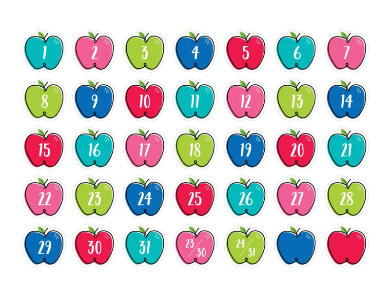 Creative teaching press <p>bring cheerful colors to any classroom calendar with these doodle apples calendar days. Pack contains 31 number days, 2 combined number days (23/30 and 24/31) and 2 blank days for highlighting special events or holidays and recognizing birthdays. Calendar days are great for use on a classroom calendar during the daily calendar lesson or circle time. They can also be used as student numbers to label cubbies, folders, desks, and more! </p><ul><li>size: approximately 2 3/4" x 2 3/4"</li><li>35 pieces</li></ul>