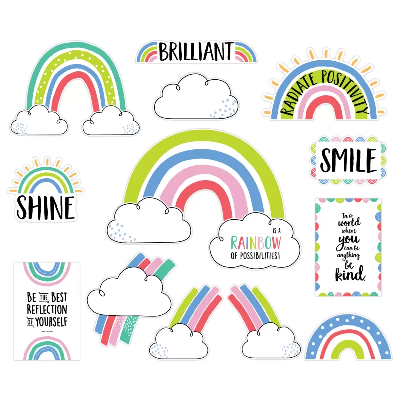 Creative teaching press <p>the doodly rainbows bulletin board takes the classic rainbow design and incorporates a slight pastel color palette that will brighten any classroom space. The set features classic rainbow and cloud designs, making it a perfect addition to brighten any space! </p><p>the 17-piece set contains:</p><ul><li>raining cloud rainbow: 12”w x 12. 25”h</li><li>2 small clouds: 7. 75”w x 4. 25”h</li><li>2 large clouds: 7. 5”w x 6. 375”h</li><li>rainbow teal green blue red: 13. 5”w x 10. 5”h</li><li>right arc rainbow cloud: 10”w x 10. 125”h</li><li>smile: 10. 25”w x 6. 5”h</li><li>rainbow of possibilities: 12. 125”w x 8”h</li><li>left arc rainbow cloud: 10”w x 10. 125”h</li><li>rainbow blue red green: 11. 75”w 6. 25”h</li><li>shine: 10. 25”w x 8. 75”h</li><li>radiate postitivity: 16. 625”w x 9. 75”h</li><li>2 mini-posters (be kind and best reflection 8. 75”w x 13”h)</li><li>large rainbow: 22”w x 13”h</li><li>brilliant: 16. 125”w x 3”h</li></ul><p>bulletin board set also includes an instructional guide with bulletin board ideas, classroom activities, and a reproducible. </p>