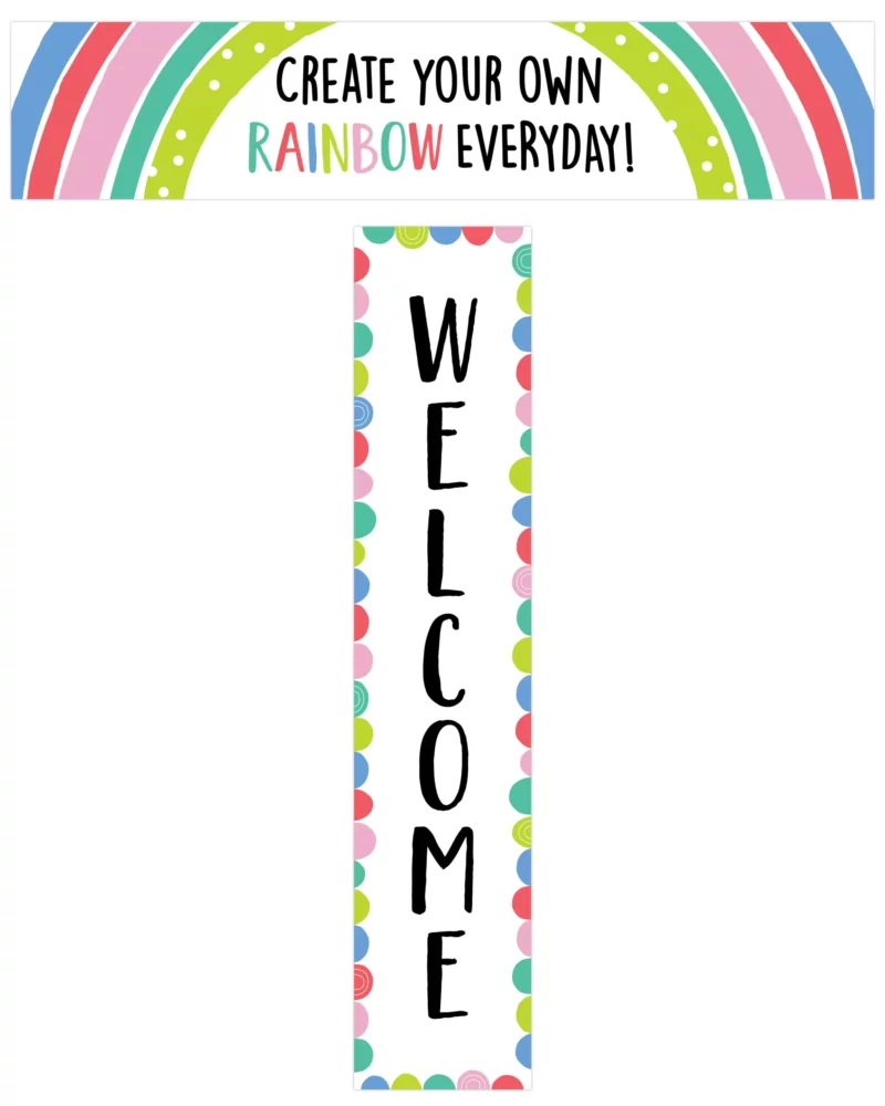 Creative teaching press use this welcome banner anywhere you need a bright message or bit of inspiration! This versatile 2-sided banner features a different message on each side—side 1: "welcome" and side 2: "create your own rainbow everyday" it can be used during back-to-school to welcome students and parents then flipped over for a motivational message for the rest of the school year. The bright design and positive messages make this banner perfect to use in so many places—the classroom, home, a school office, a hallway, a daycare, and more! The fully assembled banner measures over 3 feet wide! <ul> <li>2-sided</li> <li>39" x 8"</li> </ul>