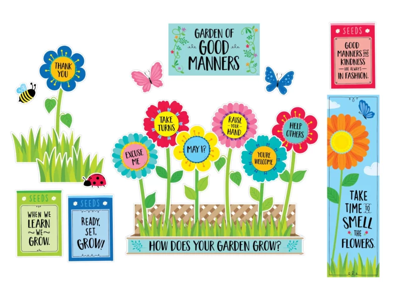 Creative teaching press good manners will bloom all over your classroom with the helpful reminders from this brightly colored garden of good manners mini bulletin board. This set highlights good manners for students: thank you, may i? , take turns, i'm sorry, excuse me, you're welcome, please, raise your hand, and help others. The colorful flowers and garden accents will brighten any space all year long. This 43-piece set contains: <ul> <li>“garden of good manners” sign: 10. 5”w x 6”h</li> <li>“take time to smell the flowers” mini poster: 6”w x 21”h</li> <li>“how does your garden grow? ” sign: 20. 5”w x 2”h</li> <li>planter box: 20”w x 5. 5”h</li> <li>good manners phrase pieces (10 total): 4. 5”w x 3”h</li> <li>flowers (9 total): 5. 5”w x 5. 5”</li> <li>“ready, set, grow! ” seed packet: 5. 5”w x 7. 75”h</li> <li>“good manners and kindness…” seed packet: 5. 5”w x 7. 75”h</li> <li>“when we learn, we grow” seed packet: 5. 5”w x 7. 75”h</li> <li>stems (9 total): 2. 0”3. 5”w x 10. 25”h</li> <li>grass bunch 1: 8”w x 4. 5”h</li> <li>grass bunch 2: 8”w x 4. 5”h</li> <li>ladybug 1 (frontal view): 2”w x 2. 75”h</li> <li>ladybug 2 (side view): 3”w x 2”h</li> <li>bee 1 (frontal view): 3”w x 3”h</li> <li>bee 2 (side view): 3”w x 2. 5”h</li> <li>blue butterfly: 3. 5”w x 3”h</li> <li>pink butterfly: 4”w x 3”h</li> </ul>