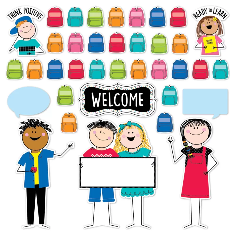 Creative teaching press <p>this all are welcome bulletin board is designed to set an inclusive tone wherever it's displayed. The set features stick kids representing diverse backgrounds and includes a colorful array of backpacks that can be personalized for the members of your class or group. </p><p>this 41-piece bulletin board set includes:</p><ul><li>think positive boy (8. 25"w x 10. 5"h)</li><li>ready to learn girl: 8"w x 10. 5"h</li><li>welcome: 17"w x 4. 375"h</li><li>7 red backpack student pieces: 3. 625"w x 4. 5"h each</li><li>7 turquoise backpack student pieces: 3. 625"w x 4. 5"h each</li><li>5 green backpack student pieces: 3. 625"w x 4. 5"h each</li><li>5 orange backpack student pieces: 3. 625"w x 4. 5"h each</li><li>4 pink backpack student pieces: 3. 625"w x 4. 5"h each</li><li>4 blue backpack student pieces: 3. 625"w x 4. 5"h each</li><li>girl with braid: 11"w x 23. 5"h</li><li>speech bubble 1: 7"w x 6. 25"h</li><li>speech bubble 2: 9. 5"w x 6. 5"h</li><li>speech bubble 3: 9"w x 6. 5"h</li><li>boy with apple: 12. 375"w x 23. 5"h</li><li>boy & girl with sign: 16. 75"w x 23. 5"h</li></ul>