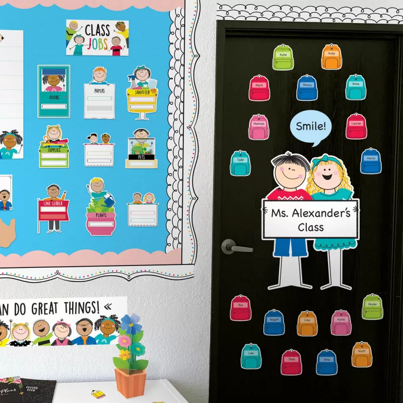 Creative teaching press <p>this all are welcome bulletin board is designed to set an inclusive tone wherever it's displayed. The set features stick kids representing diverse backgrounds and includes a colorful array of backpacks that can be personalized for the members of your class or group. </p><p>this 41-piece bulletin board set includes:</p><ul><li>think positive boy (8. 25"w x 10. 5"h)</li><li>ready to learn girl: 8"w x 10. 5"h</li><li>welcome: 17"w x 4. 375"h</li><li>7 red backpack student pieces: 3. 625"w x 4. 5"h each</li><li>7 turquoise backpack student pieces: 3. 625"w x 4. 5"h each</li><li>5 green backpack student pieces: 3. 625"w x 4. 5"h each</li><li>5 orange backpack student pieces: 3. 625"w x 4. 5"h each</li><li>4 pink backpack student pieces: 3. 625"w x 4. 5"h each</li><li>4 blue backpack student pieces: 3. 625"w x 4. 5"h each</li><li>girl with braid: 11"w x 23. 5"h</li><li>speech bubble 1: 7"w x 6. 25"h</li><li>speech bubble 2: 9. 5"w x 6. 5"h</li><li>speech bubble 3: 9"w x 6. 5"h</li><li>boy with apple: 12. 375"w x 23. 5"h</li><li>boy & girl with sign: 16. 75"w x 23. 5"h</li></ul>