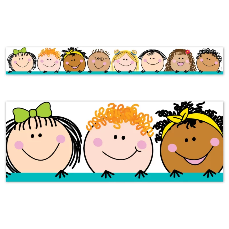 Creative teaching press celebrate diversity with the beautiful faces of the world’s children depicted on this stick kids border. Great for multicultural displays and for fostering an inclusive environment. These new ez borders come in smaller strips, which are easier to manage and store. Each package comes with enough borders to complete 2 full bulletin boards. <ul> <li>24, 24-inch strips</li> <li>48 feet per package</li> <li>width: 3"</li> </ul>