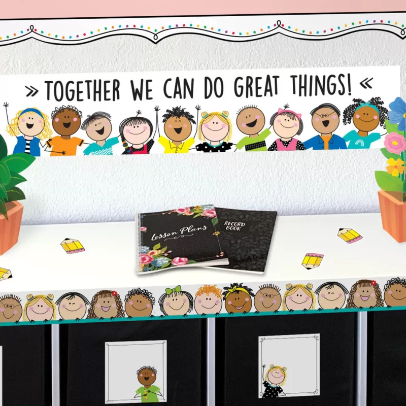 Creative teaching press celebrate diversity with the beautiful faces of the world’s children depicted on this stick kids border. Great for multicultural displays and for fostering an inclusive environment. These new ez borders come in smaller strips, which are easier to manage and store. Each package comes with enough borders to complete 2 full bulletin boards. <ul> <li>24, 24-inch strips</li> <li>48 feet per package</li> <li>width: 3"</li> </ul>
