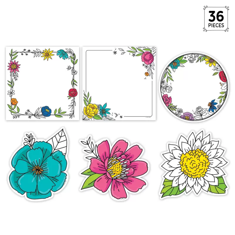 Creative teaching press <p>these colorful flowers will brighten your day! Doodly blooms 6" designer cut-outs are perfect for accenting a variety of classroom displays, bulletin boards, and student projects. The cut-outs are perfect for writing notes or invitations, student book covers, displaying photos or student work, door or cubby tags, classroom projects, and more! </p><p>36 pieces per package<br>6 each of 6 designs</p><ul><li>frame card 1 (corner flowers): 6"w x 6"h</li><li>frame card 2 (all 4 sides): 6"w x 6"h</li><li>frame card 3 (circle): 5. 75"w x 5. 75"h</li><li>turquoise flower: 5. 75"w x 5. 75"h</li><li>pink flower: 5. 75"w x 5. 375"h</li><li>white flower, yellow center: 5. 75"w x 5. 75"h</li></ul>
