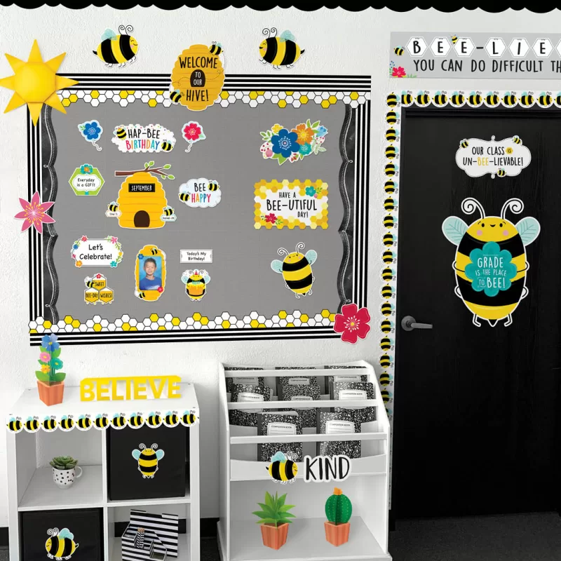 Creative teaching press this 61-piece birthday bees mini bulletin board will make students feel special on their big day. The bees theme is complete with labels for each month of the year, a giant hive, student bee pieces, a hap-bee birthday banner, and more! This 61-piece birthday mini bulletin board includes: <ul> <li>“hap-bee birthday” title: 9. 875"w x 4. 25"h</li> <li>“sweet bee-day wishes! ” sign: 5"w x 5. 5"h</li> <li>blue flower balloon: 4. 25"w x 5. 375"h</li> <li>red flower balloon: 4. 125"w x 5. 375"h</li> <li>turquoise flower balloon: 4. 25"w x 6. 25"h</li> <li>large hive top: 10. 375"w x 5. 875"h</li> <li>large hive bottom: 9"w x 5. 875"h (full hive assembled: 10. 375"w x 11. 5"h)</li> <li>36 student bee pieces: <ul> <li>9 turquoise: 3"w x 2. 6875"h</li> <li>9 red: 3"w x 2. 5"h</li> <li>9 blue: 3"w x 2. 5"h</li> <li>9 orange: 3"w x 2. 6875"h</li> </ul> </li> <li>gift: 6. 25"w x 5. 5"h</li> <li>12 month labels: 6"w x 1. 5"h</li> <li>blank label: 5. 5"w x 2. 25”h</li> <li>blank flower sign: 9. 125"w x 5. 5"h</li> <li>beehive picture frame: 5. 5"w x 9. 75"h</li> <li>bee with cake: 5"w x 5. 5"h</li> <li>“bee happy” sign: 7. 375"w x 5. 125"h</li> </ul>