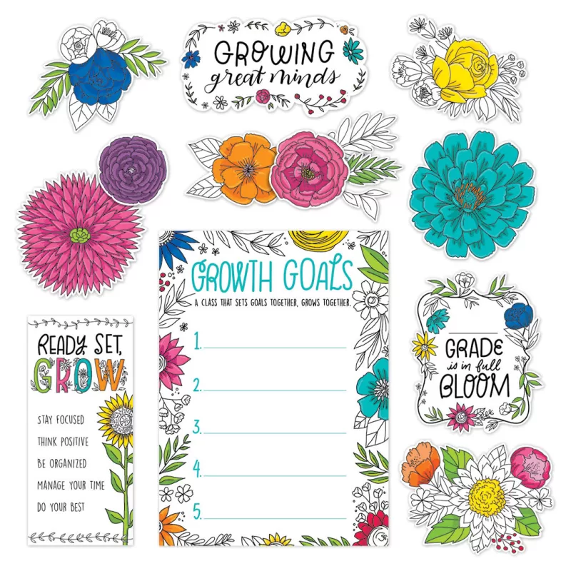 Creative teaching press <p>growing great minds is the theme of this blooming minds bulletin board. Pieces offer encouraging tips for student success and a place for recording class goals. The fresh, casual design features flowers in slightly pastel colors popping on a white background, perfect for brightening any space. </p><p>the 20-piece set contains:</p><ul><li>growing great minds sign: 14. 375”w x 7. 625”h</li><li>___ grade is in full bloom sign: 10. 125"w x 12. 5"h</li><li>look who's blooming sign: 8. 5"w x 9. 375"h</li><li>blue flower bunch: 11. 5"w x 8"h</li><li>yellow flower bunch: 10. 75"w x 6. 625"h</li><li>multi-color flower bunch (yellow center): 11. 75"w x 8. 75"h</li><li>multi-color flower bunch (purple flower) 12"w x 7. 375"h</li><li>small orange flower w/ leaves: 8"w x 5. 75"h</li><li>small purple flower: 5. 5"w x 5. 5"h</li><li>small pink flower: 6. 125"w x 6"h</li><li>large turquoise flower: 9. 75"w x 10"h</li><li>large blue flower: 11. 25"w x 11. 5"h</li><li>large pink flower: 10"w x 9. 875"h</li><li>large doodle leaf: 3. 875"w x 7. 625"h</li><li>small doodle leaf: 2. 625"w x 4. 5"h</li><li>small green leaf: 2. 5"w x 4. 875"h</li><li>growth goals chart: 17. 5"w x 24"h</li><li>young minds bloom in this room mini poster: 8"w x 17. 5"h</li><li>ready, set, grow mini poster: 8"w x 17. 5"h</li><li>it's ok to… mini poster: 8"w x 17. 5"h</li></ul>
