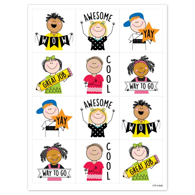 Creative teaching press <p>recognize students for outstanding work, good behavior, and a positive attitude with these fun stick kids rewards stickers. The bright colors and positive sayings will encourage students to work hard and behave well all year long. </p><ul><li>approximately 1. 5" x 1. 5"</li><li>60 stickers per pack</li><li>acid-free</li></ul>