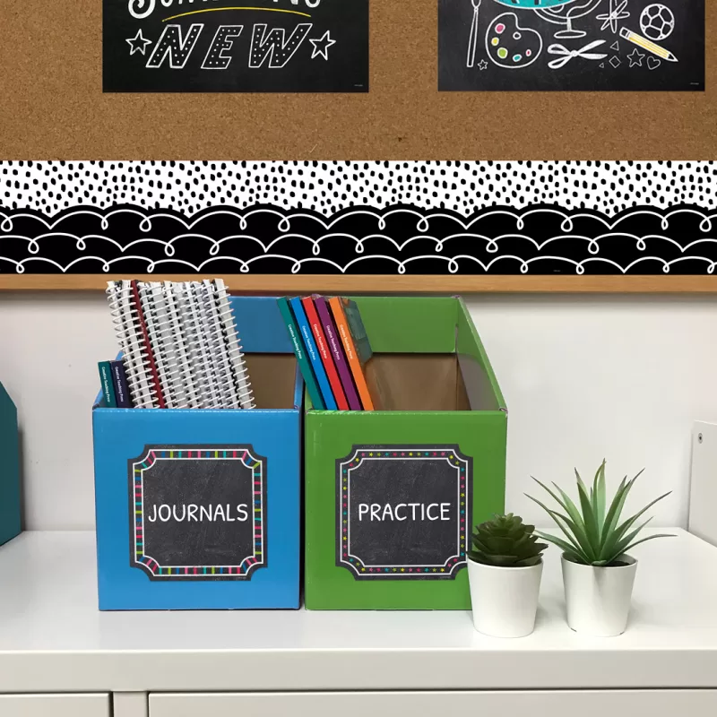 Creative teaching press <p>so simple but so stylish, this die-cut loop-de-loop on black ez border features white looping lines on a black background. For a basic look, use this border alone to trim a bulletin board. To create a more sophisticated look, layer it with another colored or patterned border to give any bulletin board a unique look. Perfect for use on bulletin boards in a wide variety of classroom, office, and school settings. These ez borders come in smaller strips, which are easier to manage and store. Each package comes with enough borders to complete 2 full bulletin boards. </p><p>24, 24-inch strips</p><p>48 feet per package</p>