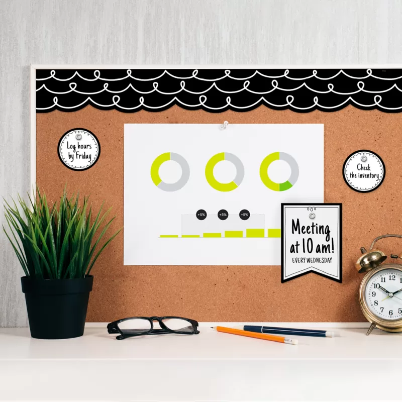 Creative teaching press <p>so simple but so stylish, this die-cut loop-de-loop on black ez border features white looping lines on a black background. For a basic look, use this border alone to trim a bulletin board. To create a more sophisticated look, layer it with another colored or patterned border to give any bulletin board a unique look. Perfect for use on bulletin boards in a wide variety of classroom, office, and school settings. These ez borders come in smaller strips, which are easier to manage and store. Each package comes with enough borders to complete 2 full bulletin boards. </p><p>24, 24-inch strips</p><p>48 feet per package</p>