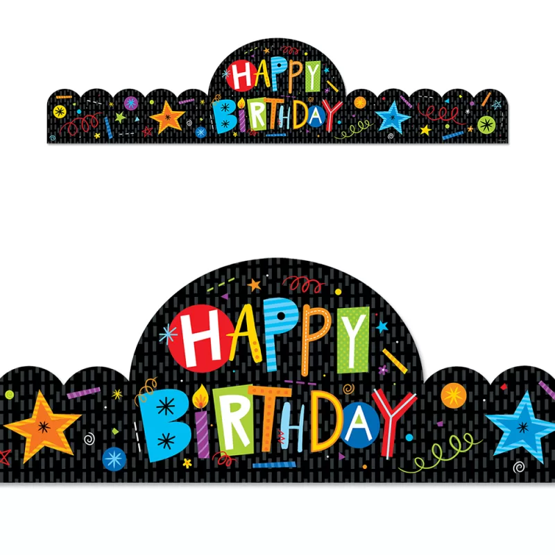 Creative teaching press this festive happy birthday crown features colorful letters, stars, and multicolored confetti on a bold black background. <br><br>children will love wearing this celebratory crown on their special day.   perfect for use in any classroom, church, daycare, camp, or school setting! <br><ul><li>crowns are adjustable. </li><li>crowns measure 24" x 6½"</li><li>30 per pack</li></ul>
