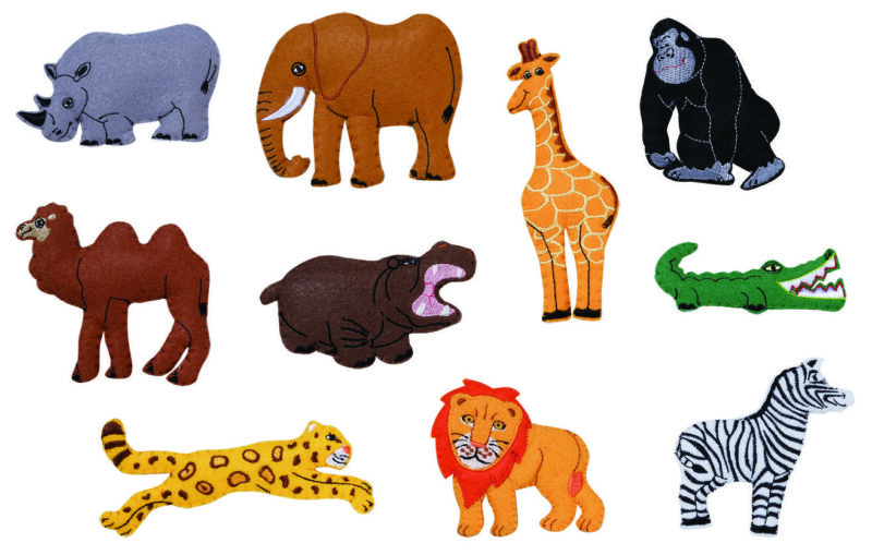 Eqd a set of 10 stitched felt motifs showing 10 different wild animal characters. The set comes in a cotton storage bag. Size : each motif - 3 x 9 cm approx. Age : 3 years +. Not suitable for under 3 years - small parts.