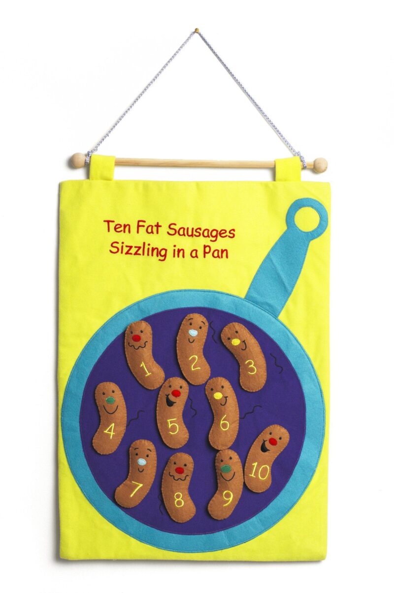 Eqd a fun fabric wallchart with 10 attachable felt sausages. A great interactive resource for helping little learners to count to ten while singing this traditional counting song. Song sheet included with the chart. Size : 37 x 54 cm age : 3 years +. Not suitable for under 3 years - small parts.