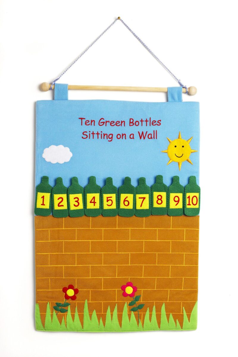 Eqd a colourful fabric wallchart with 10 bottle finger puppets! Each finger puppet has a hook and loop dot on the back and can easily be attached to the chart. A fantastic interactive chart - use the finger puppets to help little learners to count to 10 and back again. Size : 37 x 54 cm age : 3 years +. Not suitable for under 3 years - small parts.