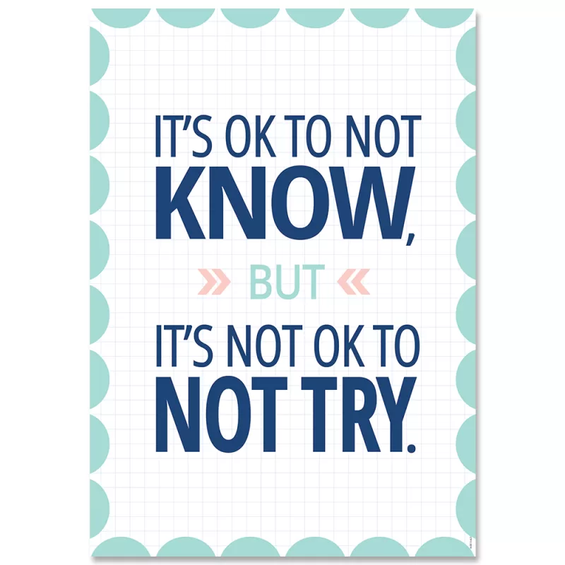 Creative teaching press <p>add character and inspiration to any space with the thoughtful words and uplifting art on this motivational poster. </p> <p>it's ok to not know, but it's not ok to not try. </p> <p>with their encouraging messages and bright colors, inspire u motivational posters can be used in a school classroom, church, workplace, college dorm, senior living residence, or anywhere a little inspiration is needed. </p> <p>calm & cool is a décor collection that uses simple patterns and soft colors to evoke a feeling of calmness and soothe the senses. The result is a comforting classroom environment that promotes concentration, cohesiveness, and contentment. </p> <p>poster measures 13 ⅜" x 19"</p>