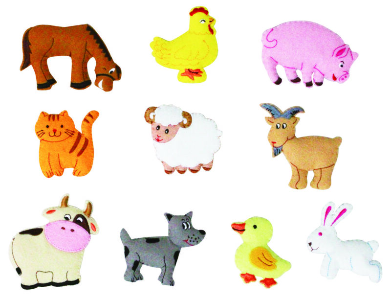 Eqd a set of 10 felt stitched motifs showing 10 different farm animal characters. The set comes in a cotton drawstring bag for easy storage. Size : each motif - 3 x 9 cm approx age : 3 years +. Not suitable for under 3 years - small parts.