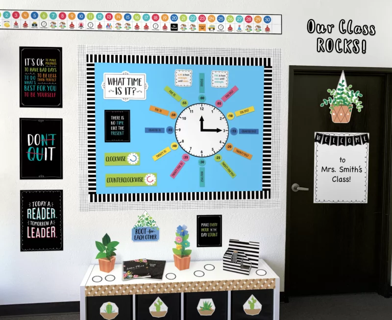 Creative teaching press <p>use this core decor telling time bulletin board in any daycare, preschool, or elementary school classroom. It features a clean and versatile color palette (black and white with bright pops of color) that will match any style or theme. </p><p>the 39-piece set contains:</p><ul><li>large clock: 17”diameter</li><li>12 seconds circles: 2. 375”diameter</li><li>2 minute hand arrow: 1. 5”w x 6. 75”h</li><li>2 hour hand arrow: 1. 5”w x 5”h</li><li>“what time is it? ” sign: 14. 75”w x 9. 75”h</li><li>“am is from…” sign: 5. 5”w x 5. 5”h</li><li>“pm is from…” sign: 5. 5”w x 5. 5”h</li><li>12 time description labels: 6. 125”w x 1. 625”h</li><li>“time to learn” sign: 12. 25”w x 9. 375”h</li><li>clockwise sign: 11”w x 4”h</li><li>counterclockwise sign: 16”w x 4”h</li><li>chart - parts of an analog: 17. 5”w x 24”h</li><li>parts of a digital clock: 15. 625”w x 7. 375”h</li><li>2 mini-posters (there is no time like the present and make every hour in the day count 8”w x 10”h)</li></ul>