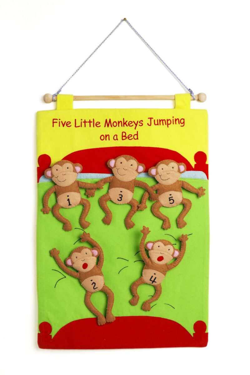 Eqd a colourful interactive fabric wallchart with 5 attachable felt monkeys. A song sheet is also included with the chart. The monkeys have a stitched number on them and the odd number monkeys have their arms down and the even number monkeys have their arms up. This additional feature helps little learners place the monkeys in the correct number sequence. Size : 37 x 45 cm age : 3 years +. Not suitable for under 3 years - small parts.