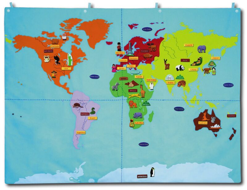 Eqd a fabric world map with 67 attachable motifs of animals, birds, sea creatures, place names, people, famous buildings. Size : 90 x 120 cm age : age 3 years +. Not suitable for under 3 years - small parts