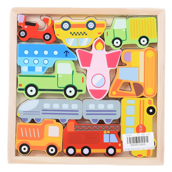 Colorful wooden vehicle and transportation puzzle for kids, includes trucks, cars, airplane, and fire engine.
