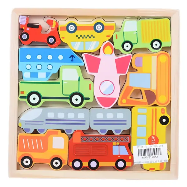 Colorful wooden vehicle and transportation puzzle for kids, includes trucks, cars, airplane, and fire engine.