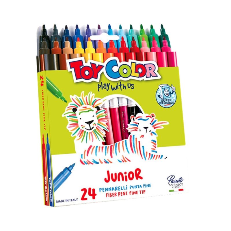 Toy color box of 24 junior fiber pens fiber pen with 2. 8 mm fine tip. Superwashable water-based ink. Can be washed from hands and most fabrics. Ventilated cap and safety end. Bright and vivid colors.