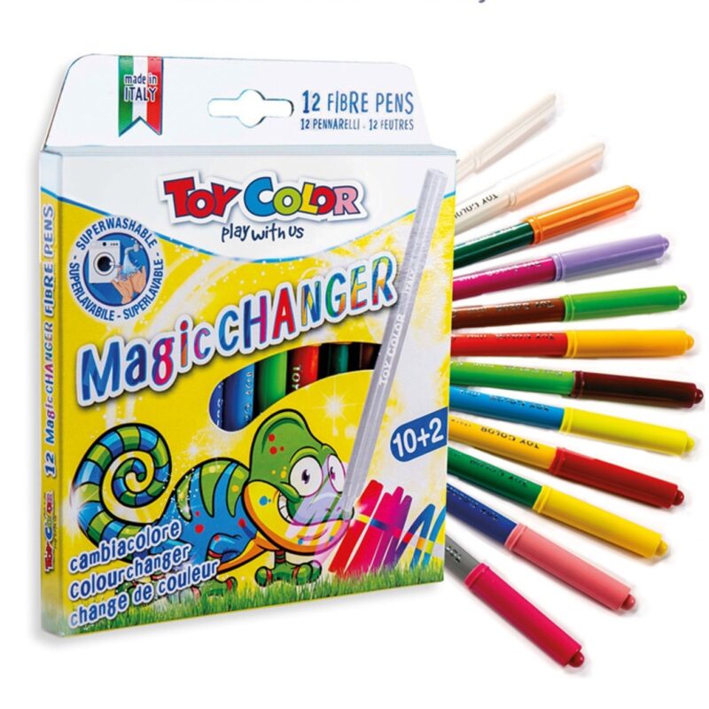 توي كولور علبة تحتوي على 10 أقلام فايبر عادية + 2 أداة تطبيق سحرية. قم بالطلاء على الألوان القياسية وشاهدها تتغير أمام عينيك! سوف تدهش الأطفال والكبار على حد سواء.