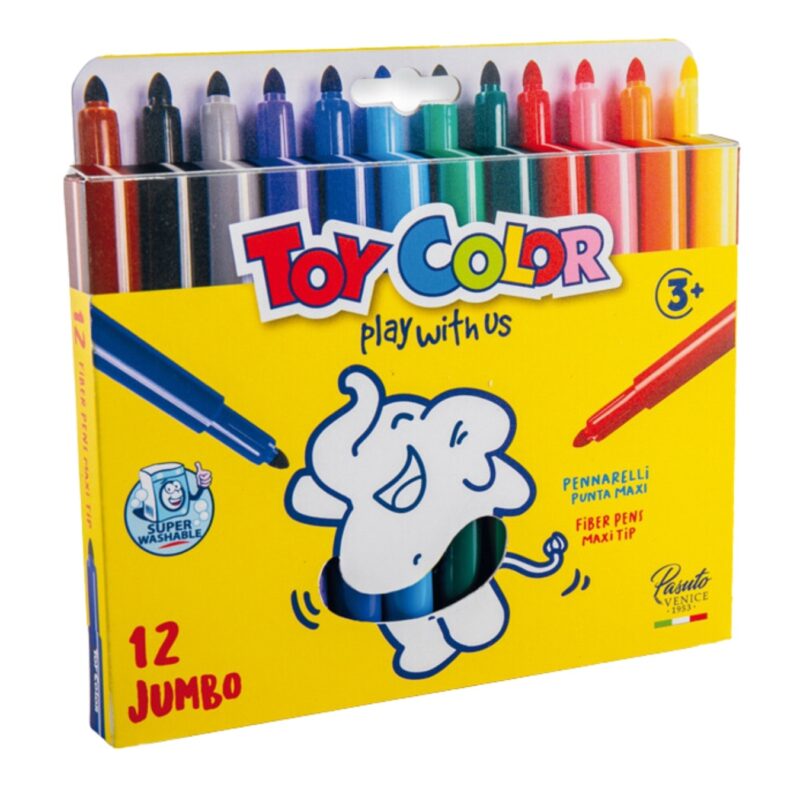 Toy color box 12 jumbo maxi tip fiber pens jumbo fiber pen with 5mm conical tip. Superwashable with water-based ink. Can be washed from hands and most fabrics. Ventilated safety cap. Available in 6-12-24 bright, vivid colors.