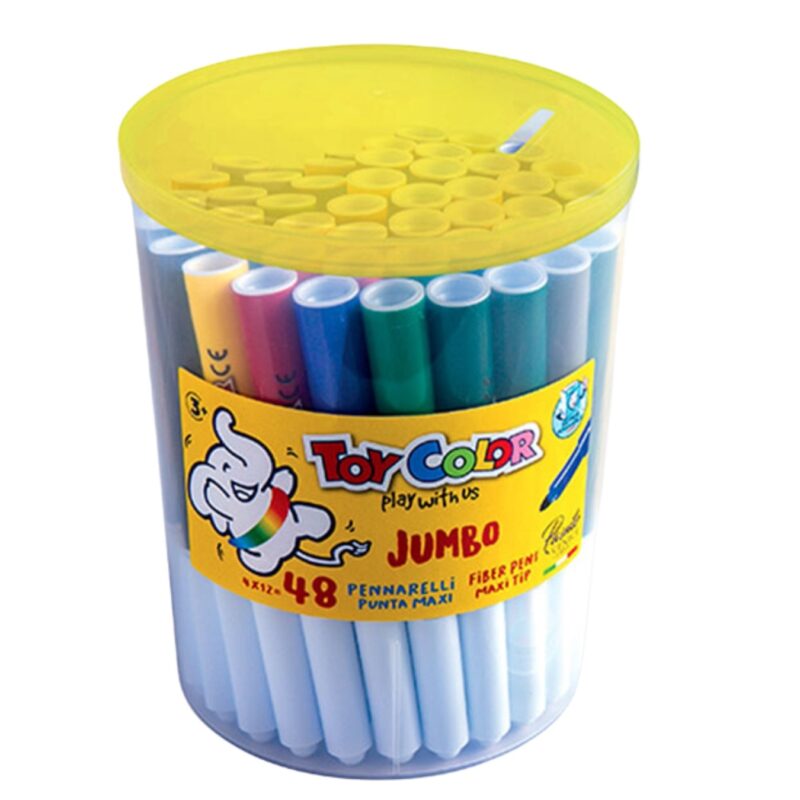 Toy color fiber pen jumbo conical tip, diameter 5 mm, with ultrawashable water based ink, washable from hands and from most of textiles. Safety ventilated cap and security end plug. Available in 12intense and brilliant colours.