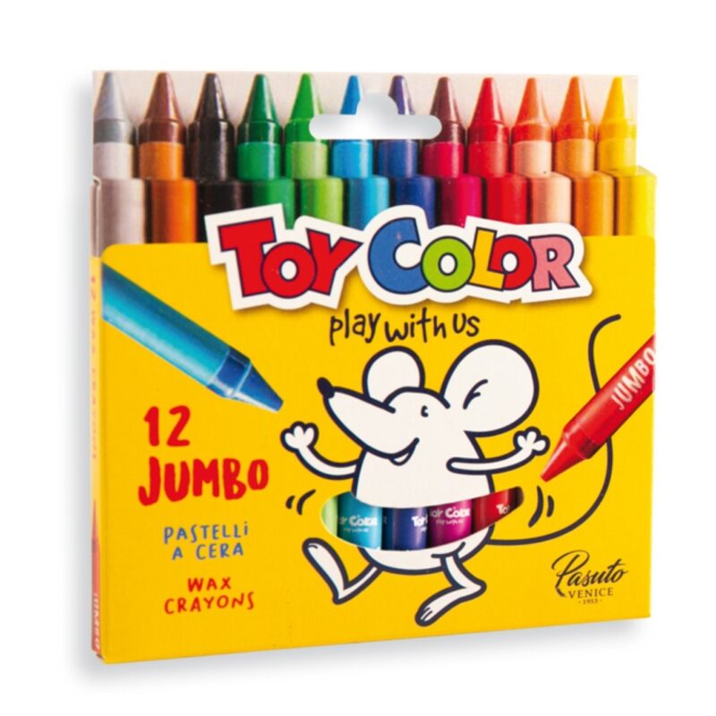 Toy color box of 12 jumbo round wax crayons contains twelve shades of colors. Vibrant and opaque.