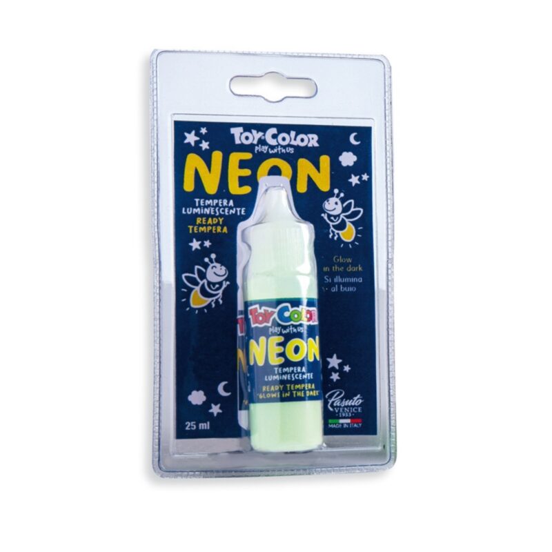 Toy color glow in the dark neon tempera – 0513 25 ml bottle of luminescent neon tempera. Perfect for decorating children’s rooms. Glows in the dark. Super washable.