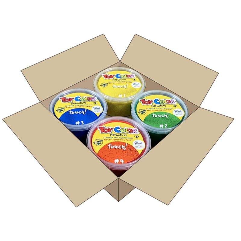 توي كولور تتضمن الالوان الجديدة متعددة الحواس من toy color 4 أنواع مختلفة من تجربة اللمس: بمجرد نشر الطلاء بفرشاة وجفافه، سيتمكن الطفل من رؤية كل نسيج مختلف والشعور به، واحد لكل لون.