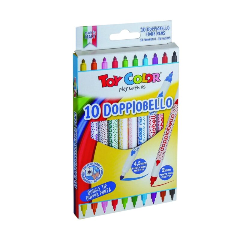 Toy color box 10 double-tip fiber-pens two different strokes available in the same fiber pen! Toy color doppiobello pens have a 2mm tip on one end and a 4. 5 mm conical tip on the other. The tips are non-retractable. The water-based ink can be washed easily from skin with soap and water, as well as from most fabrics with a 40°c washing cycle. Includes ventilated safety caps to prevent choking.