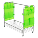 Eco-friendly green metal school supplies cart with storage pockets.