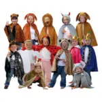 Cute children dressed as animals, insects, and fantasy characters for a school play or costume event.