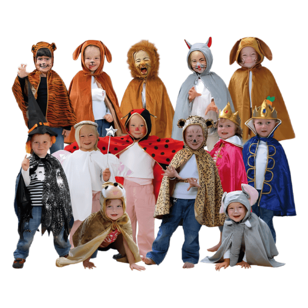 Cute children dressed as animals, insects, and fantasy characters for a school play or costume event.
