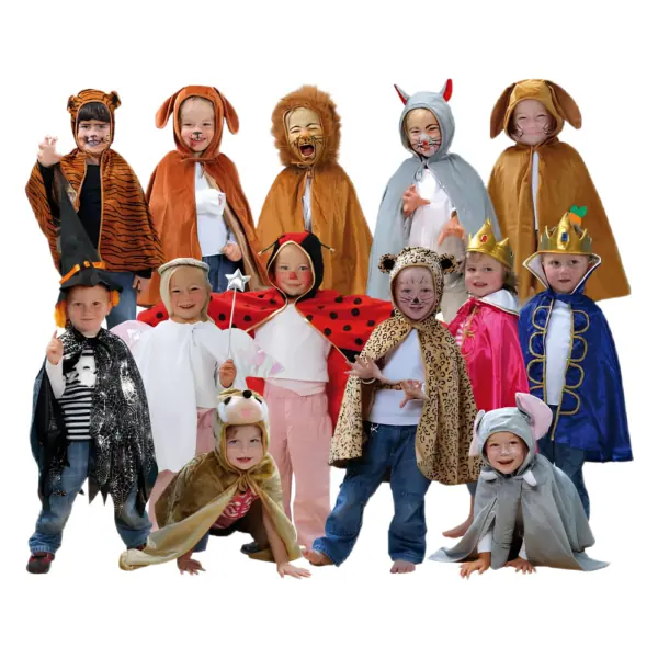 Cute children dressed as animals, insects, and fantasy characters for a school play or costume event.