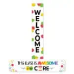 Colorful welcome wall banner with apples and school-themed designs, perfect for classroom decor.