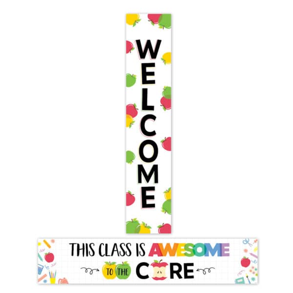 Welcoming school classroom decoration with colorful "Welcome" sign and cheerful classroom quote.